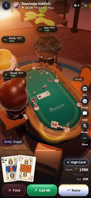 Your seat at the poker table with your cards and the Fold, Call and Raise buttons