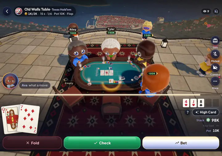 Masa on a foldable phone: friends playing Texas Hold’em on a terrace above an old walled town by the sea