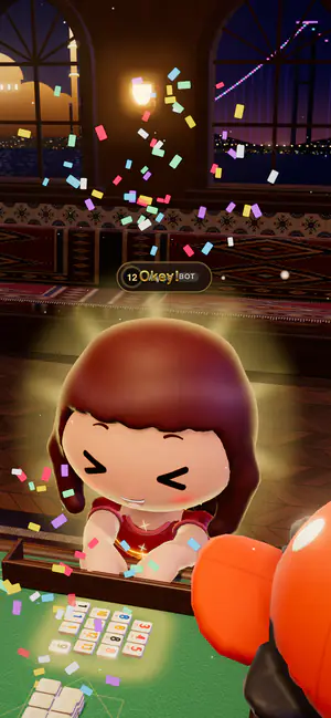 An avatar celebrating an Okey finish under falling confetti