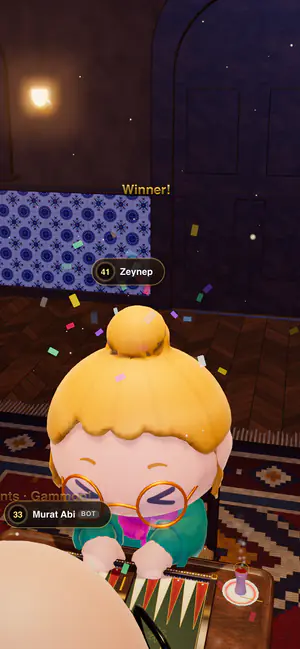 The winner of a Backgammon match cheering at the table